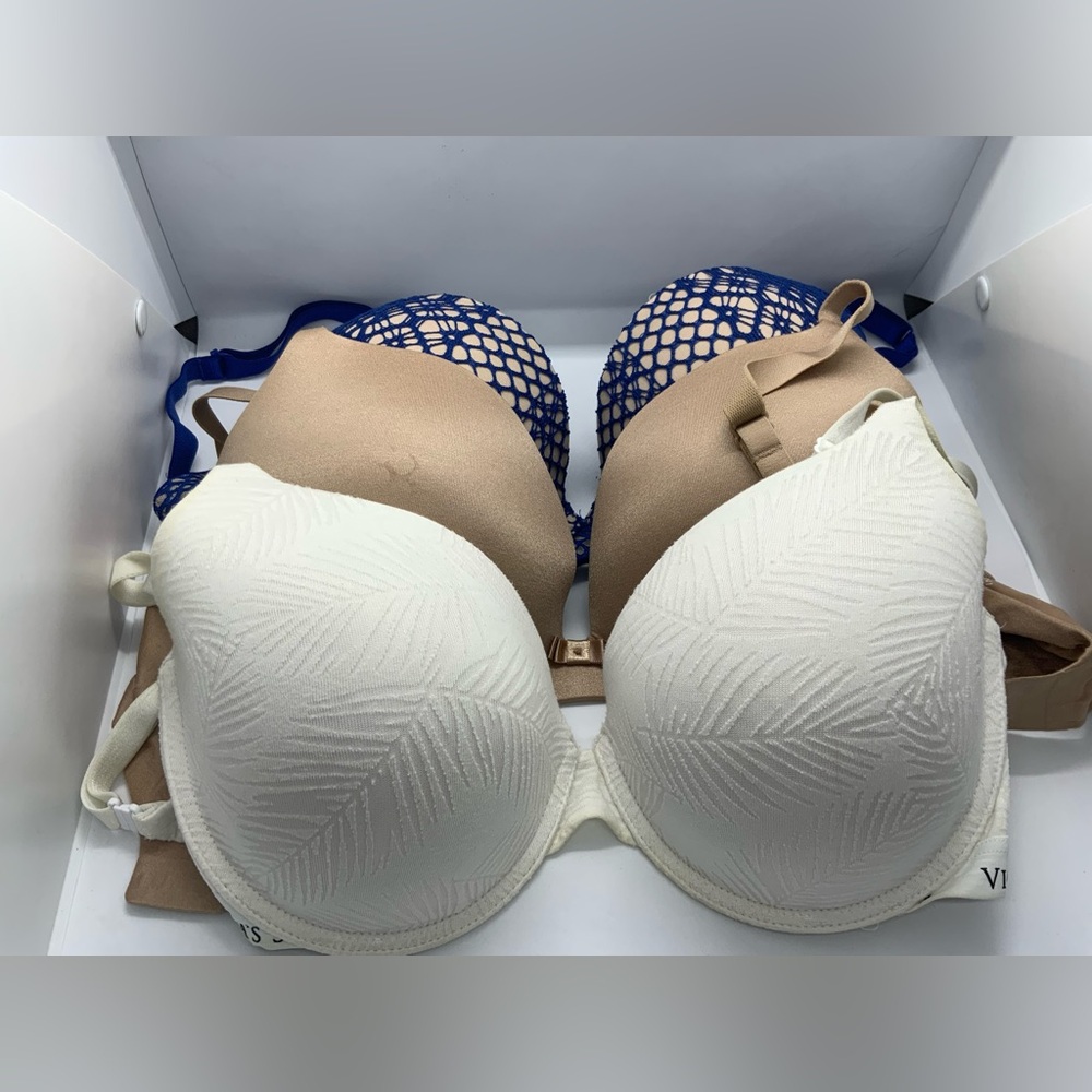 3-VICTORIA’S SECRET BRAS Elegant Women's Intimates Set - White, Tan, and Blue